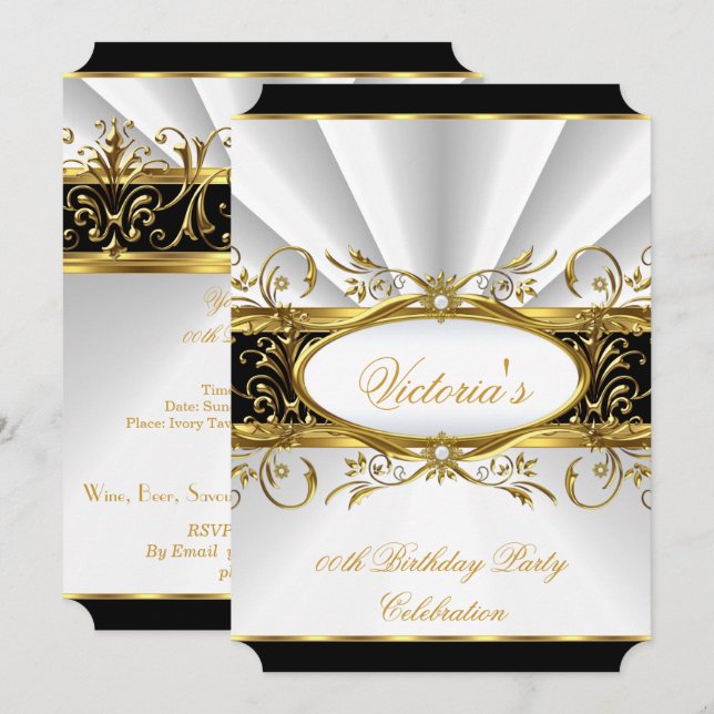 Birthday Party Elegant White Gold Floral Black 3 Invitation (Front/Back)