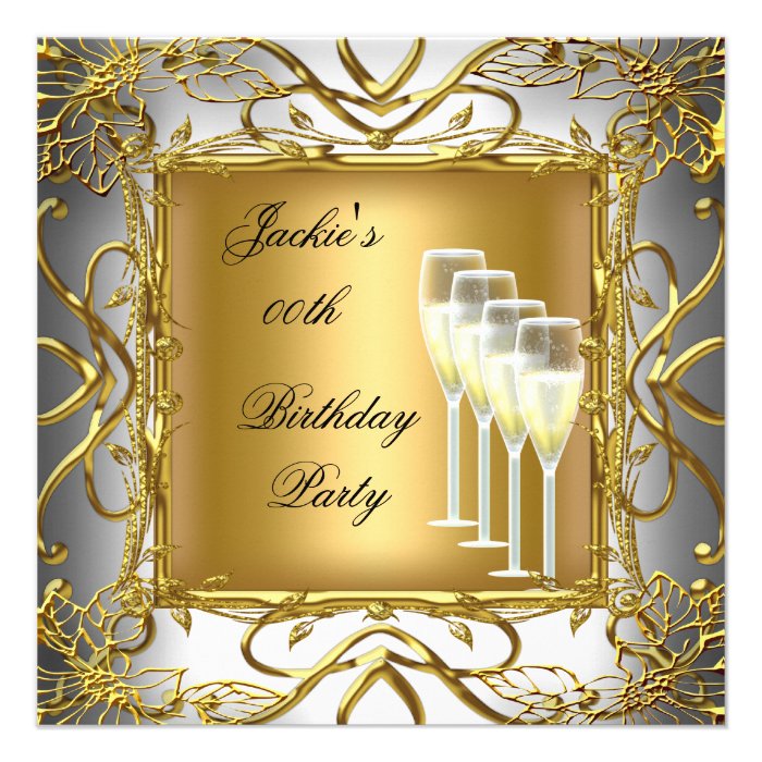 Birthday Party Elegant White Silver Gold Champagne Invite