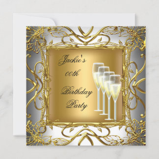Birthday Party Elegant White Silver Gold Champagne Invitation