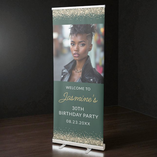 Birthday Party Emerald Green Gold Glitter Photo Retractable Banner (Creator Uploaded)