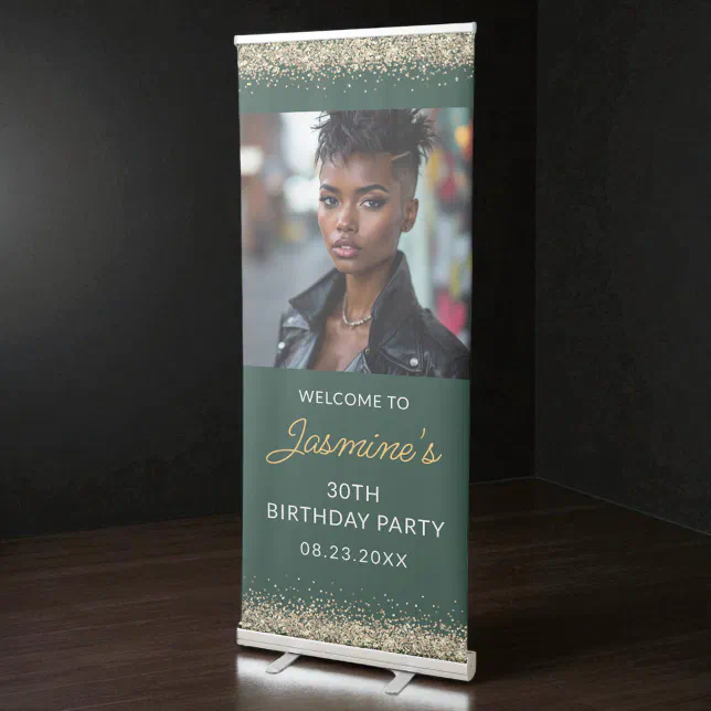 Birthday Party Emerald Green Gold Glitter Photo Retractable Banner | Zazzle