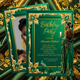 Birthday Party Emerald Green Gold high Heel Dress Invitation