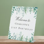 Birthday party eucalyptus greenery forest welcome pedestal sign<br><div class="desc">A welcome sign for an elegant and modern birthday paraty. A white background. Decorated with eucalyptus greenery,  woodland ferns.   Personalize and add a name,  age/event.</div>