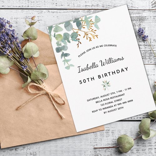 Birthday party eucalyptus white gold green elegant postcard
