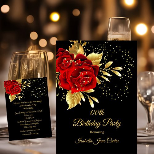 Birthday Party Exotic Red Rose Black Floral Gold 2 Invitation