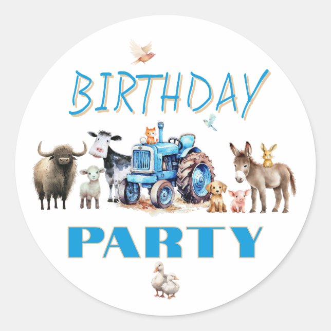 Birthday Party Farm Animals Blue Tractor Classic Round Sticker (Front)