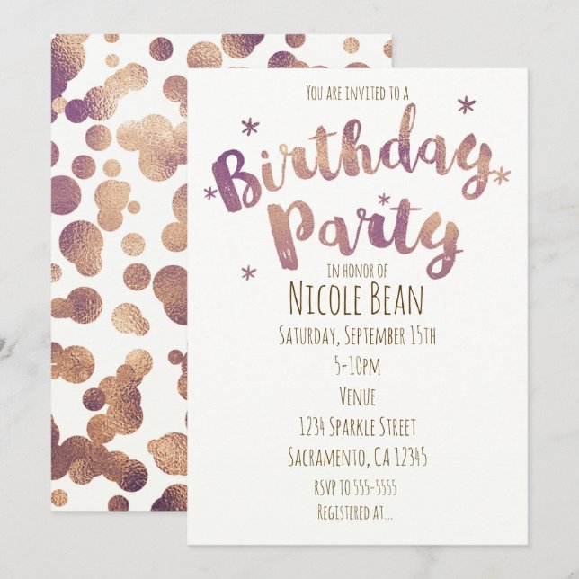 Birthday Party Faux Gold Bronze Invitations (Front/Back)