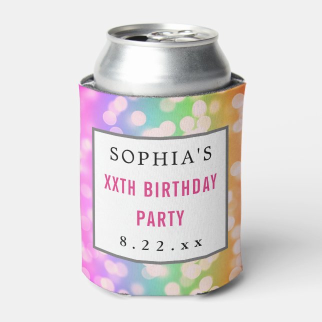 Birthday Party Favor Modern Typography Bokeh Can Cooler (Can Front)