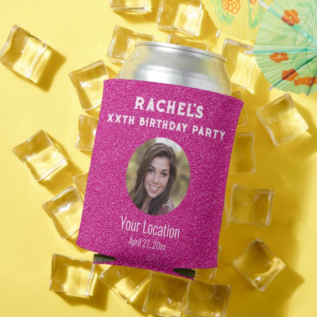 Birthday Party Favor Pink Glitter Photo Can Cooler (In Situ Summer)