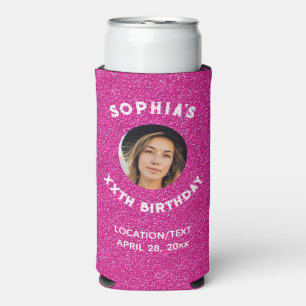 Birthday Party Favor Pink Glitter Photo Seltzer Can Cooler
