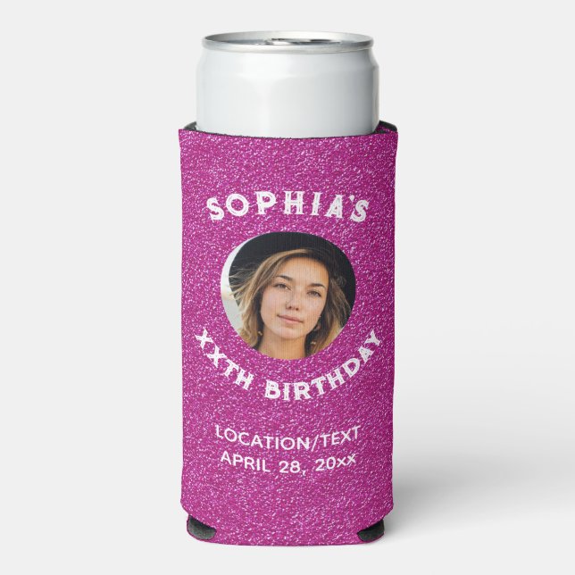 Birthday Party Favor Pink Glitter Photo Seltzer Can Cooler (Seltzer Front)