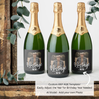 Birthday Party Favor Vintage Any Age Photo Sparkling Wine Label