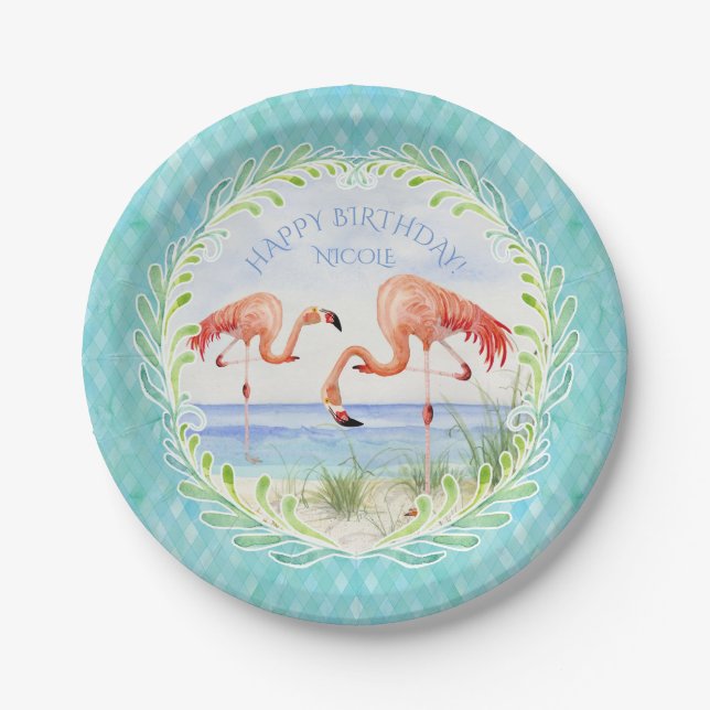 Birthday Party Flamingo Beach Ocean Sandy Shore Paper Plates (Front)