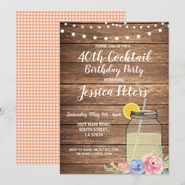 Birthday Party Floral Cocktail Summer Jar Invite (Front/Back)