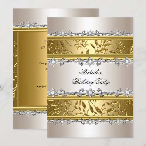 Birthday Party Floral Cream Gold Silver Diamond Personalized Invite