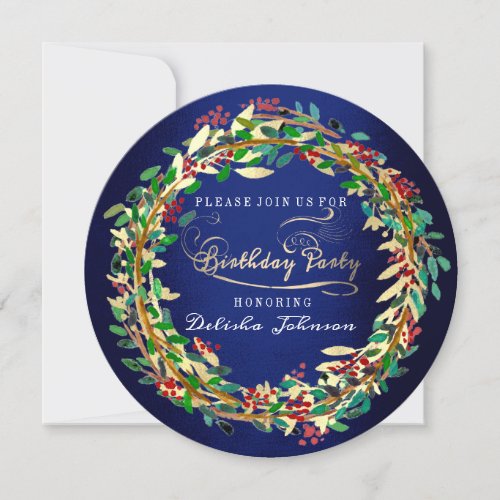 Birthday Party Floral Elegant Blue Navy Green Gold Invitation