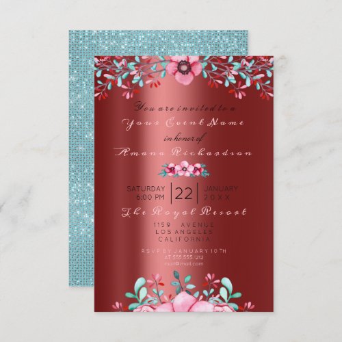Birthday Party Floral Pink Bohemian Spark Maroon Invitation