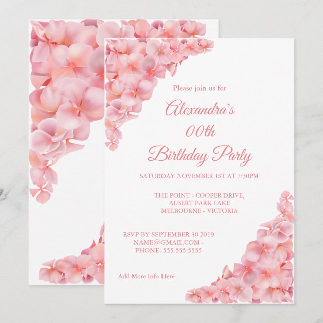 Birthday Party Floral Pink Hydrangeas on White Invitation (Front/Back)