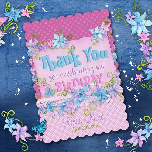 Birthday Party Floral Pink Polka Dots  Thank You Card