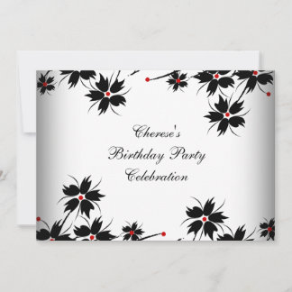 Birthday Party Floral Red Black White Invitation