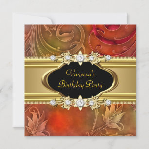 Birthday Party Floral Red Gold Black Invitation