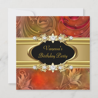 Birthday Party Floral Red Gold Black Invitation