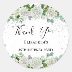 Birthday Party floral silver glitter Thank You Classic Round Sticker