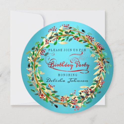 Birthday Party Floral Watercolor Ocean Green Gold Invitation