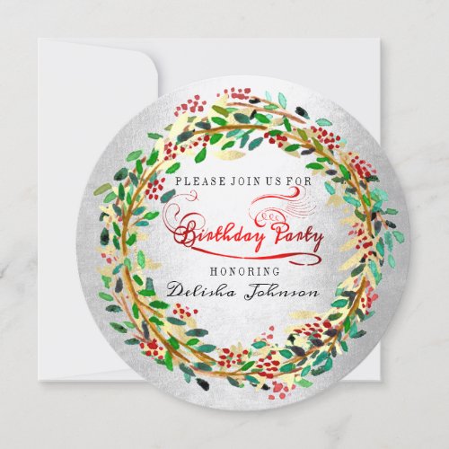 Birthday Party Floral Watercolor Silver Green Gold Invitation