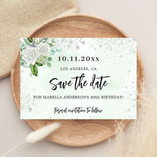 Birthday party floral white green save the date announcement postcard