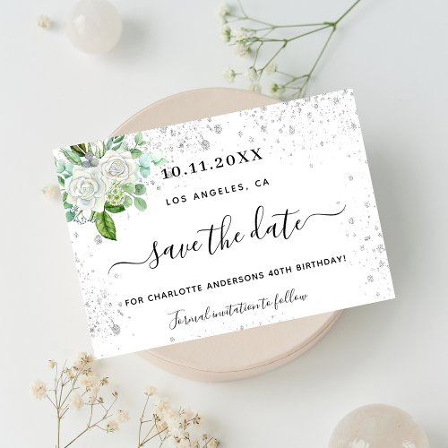 Birthday party floral white green save the date announcement postcard