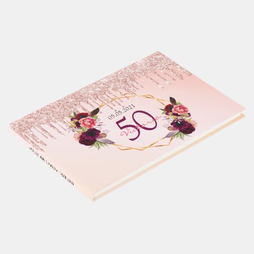 Birthday party florals geometric glitter rose guest book