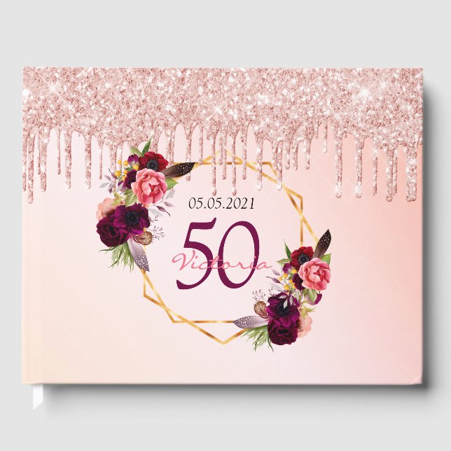 Birthday party florals geometric glitter rose guest book (Front)