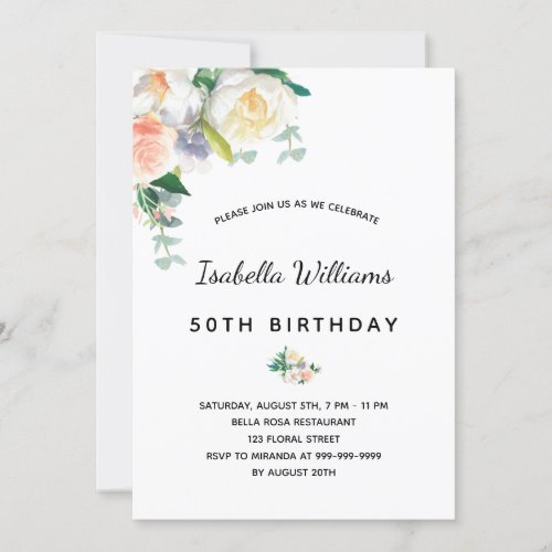 Birthday party florals white rose gold pink invitation