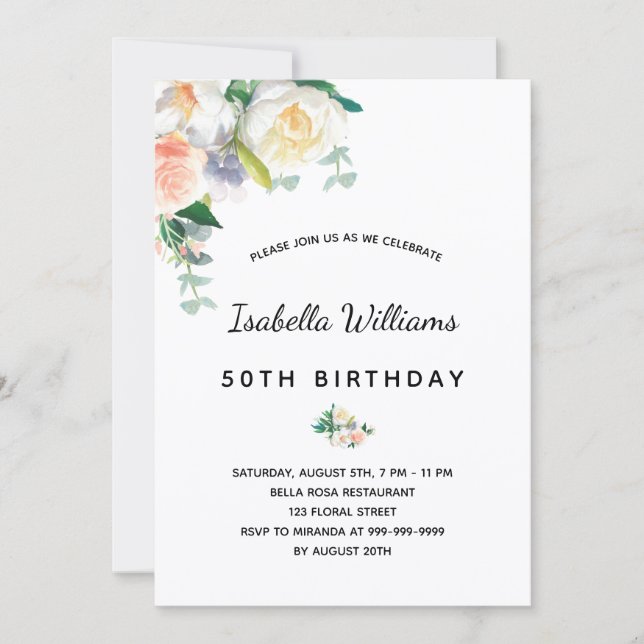 Birthday party florals white rose gold pink invitation (Front)