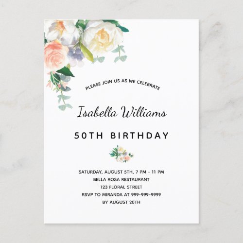 Birthday party florals white rose gold pink postcard