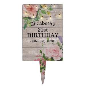 Birthday Party Flowers Rustic Wood String Lights Cake Topper