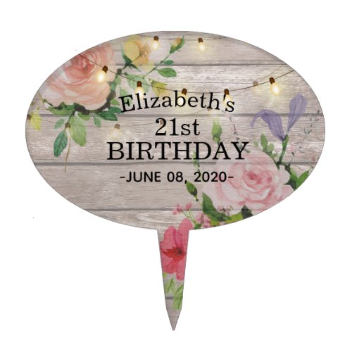 Birthday Party Flowers Rustic Wood String Lights Cake Topper