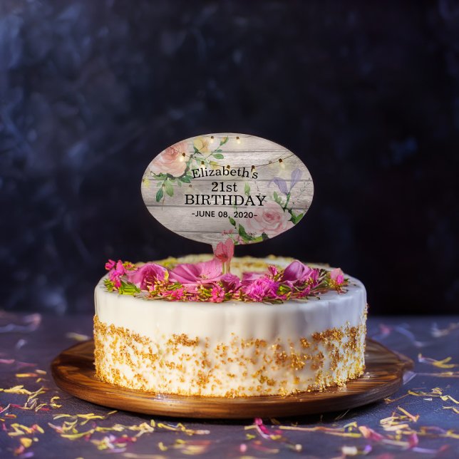 Birthday Party Flowers Rustic Wood String Lights Cake Topper (Creator Uploaded)