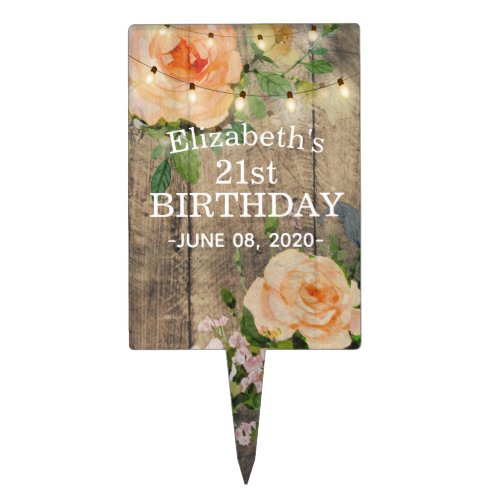 Birthday Party Flowers Rustic Wood String Lights Cake Topper