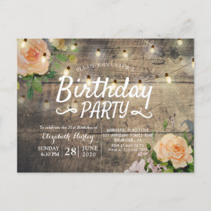 Birthday Party Flowers Rustic Wood String Lights Invitation Postcard