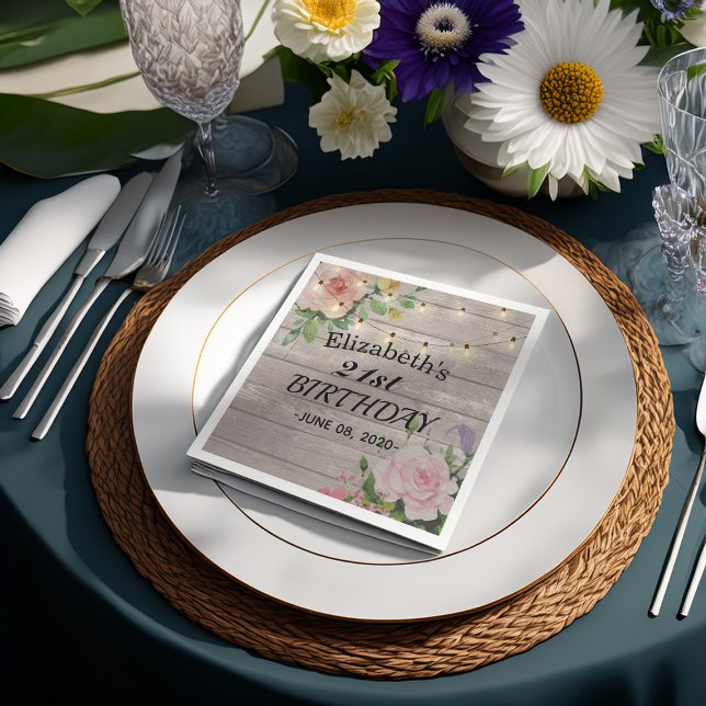 Birthday Party Flowers Rustic Wood String Lights Napkins (Creator Uploaded)