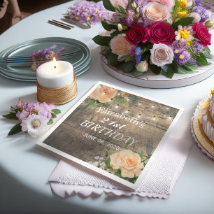 Birthday Party Flowers Rustic Wood String Lights Napkins