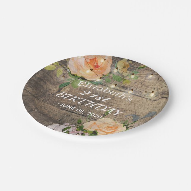 Birthday Party Flowers Rustic Wood String Lights Paper Plates (Angled)