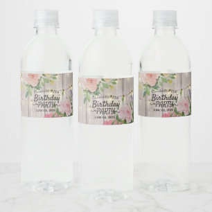 Birthday Party Flowers Rustic Wood String Lights Water Bottle Label