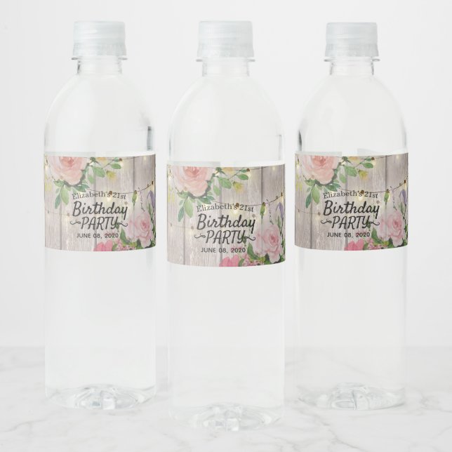 Birthday Party Flowers Rustic Wood String Lights Water Bottle Label (Bottles)