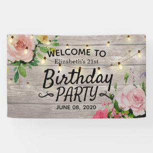 Birthday Party Flowers Wood String Lights Welcome Banner