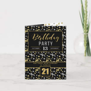 Birthday Party for 21st Black and Gold Invitation