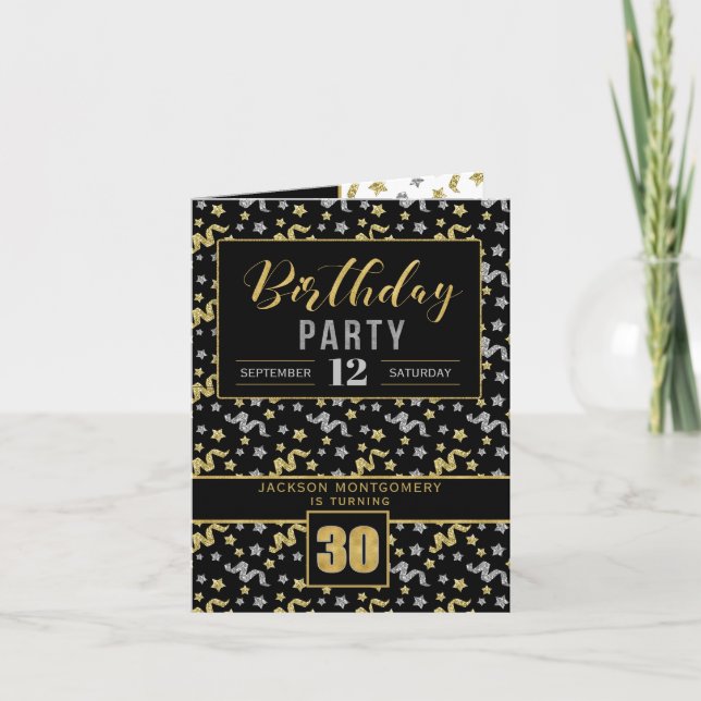 Birthday Party for 30th Black and Gold Any Person Invitation (Front)