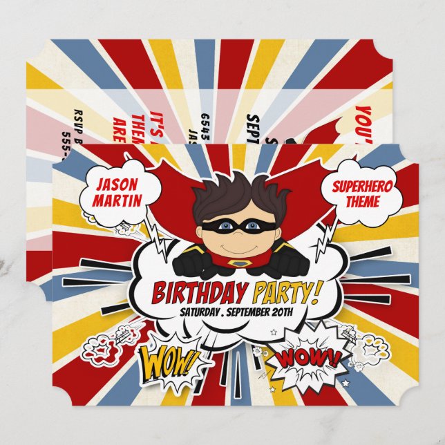 Birthday Party for Boys Super Kids Red Comic Invitation (Front/Back)